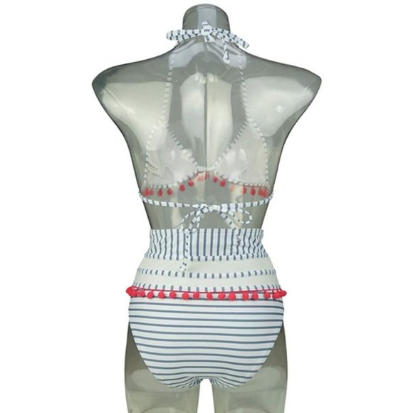 COCOSHIP GRAY STRIPE POM POM TWO PIECE SWIMSUIT - Picture 4 of 4